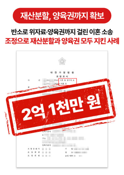 대전조정이혼변호사 재산분할 2억 1천만 원과 양육권 확보한 사례